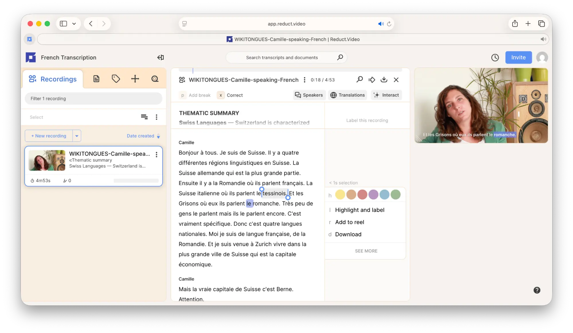 the french transcription screen in Reduct