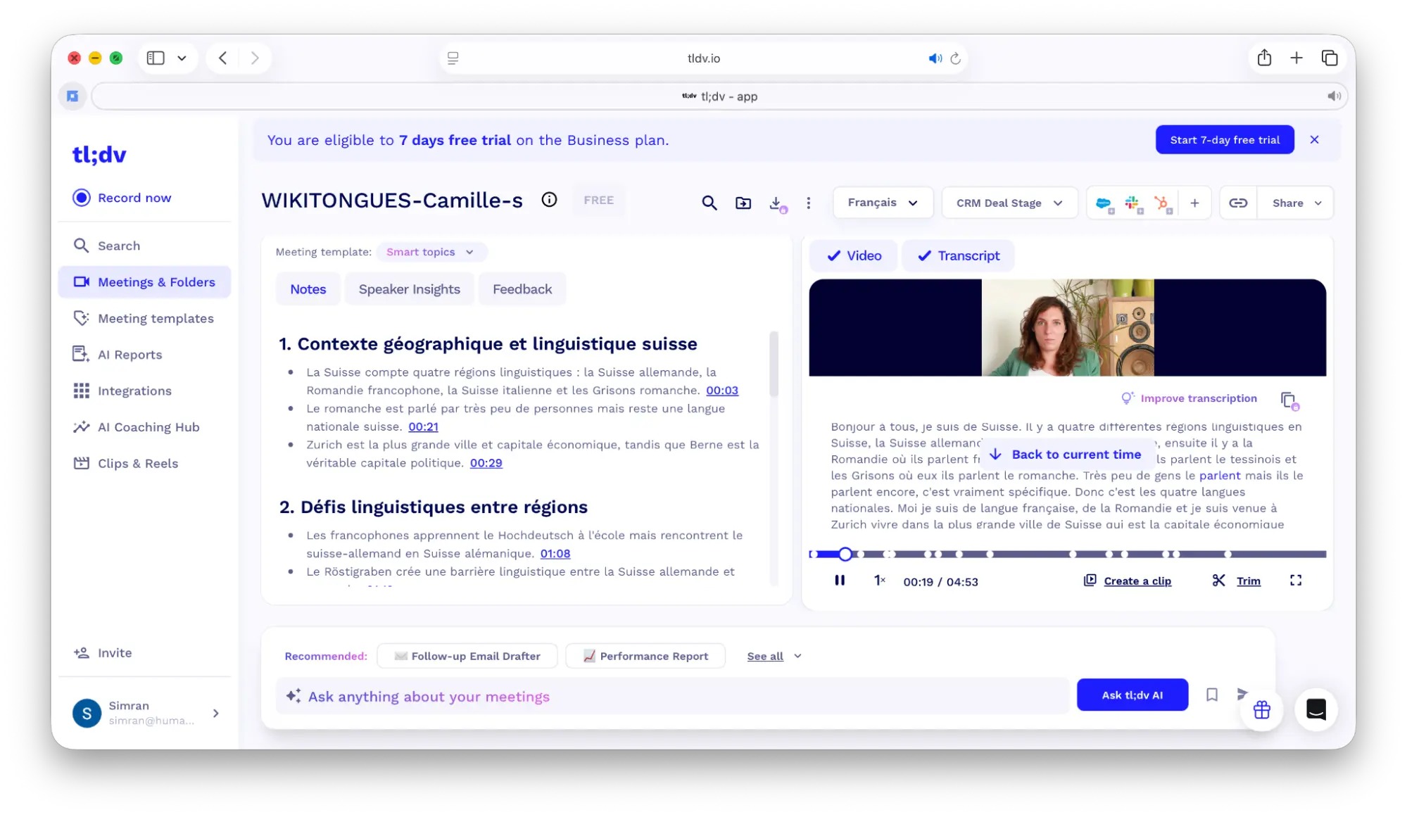 the french transcription interface in tl;dv