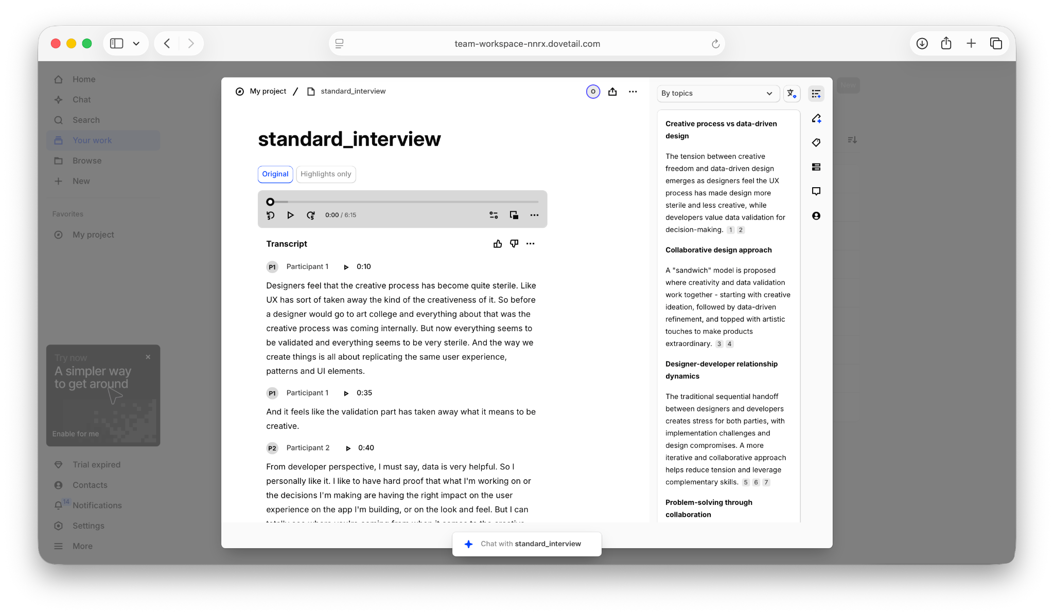 Dovetail transcript interface