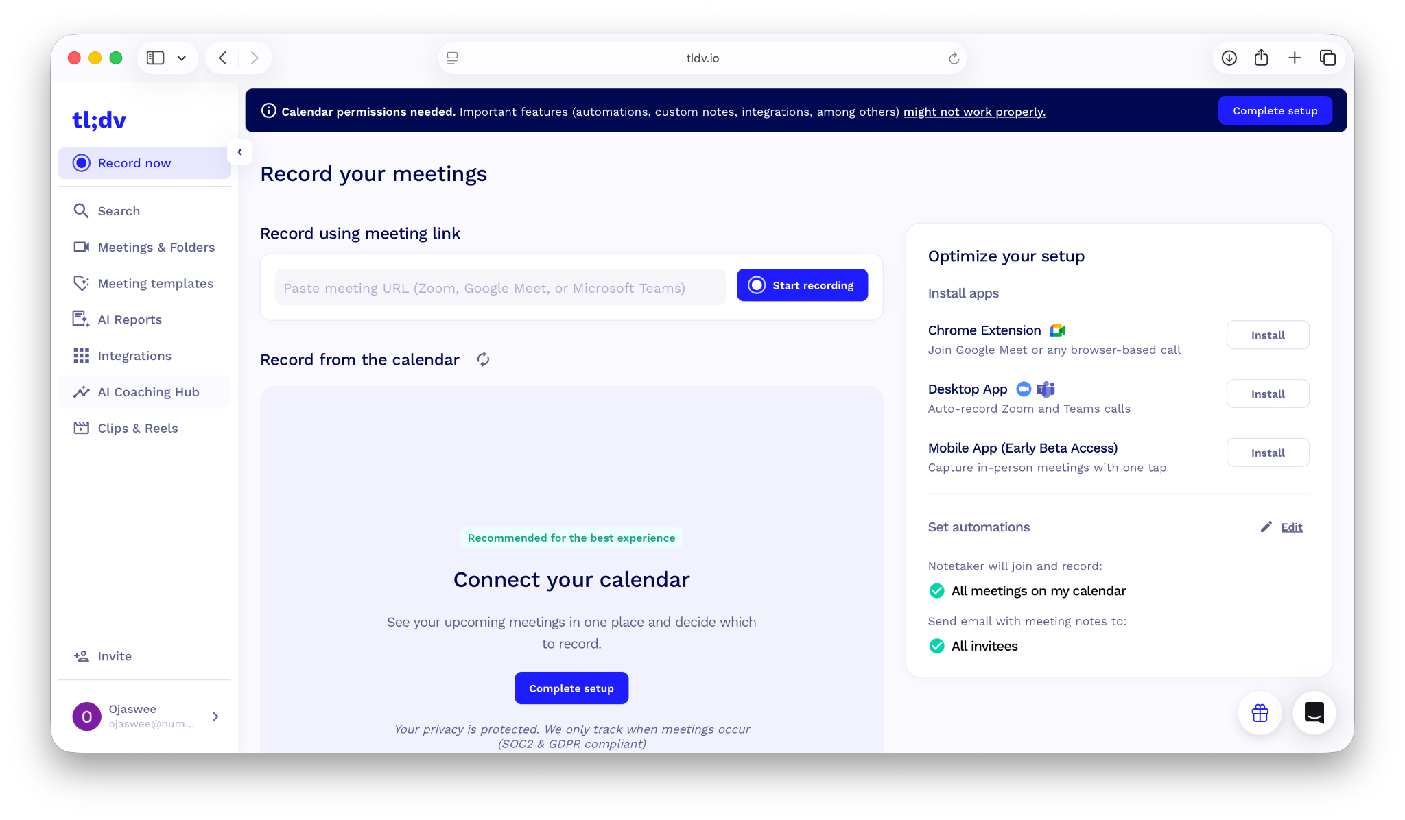 Tldv new recording page