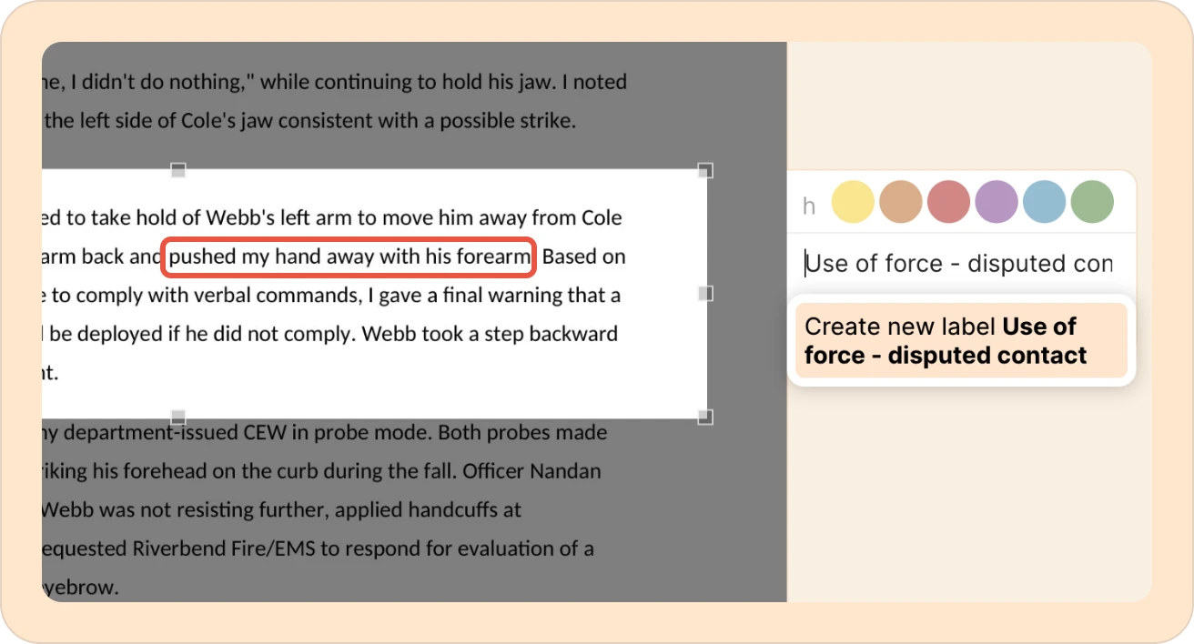 Highlighted passages and labels applied to a police report in Reduct