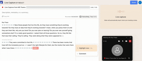 Screen recording of a real time transcription rolling out from Live Capture by Reduct during a Teams meet call.