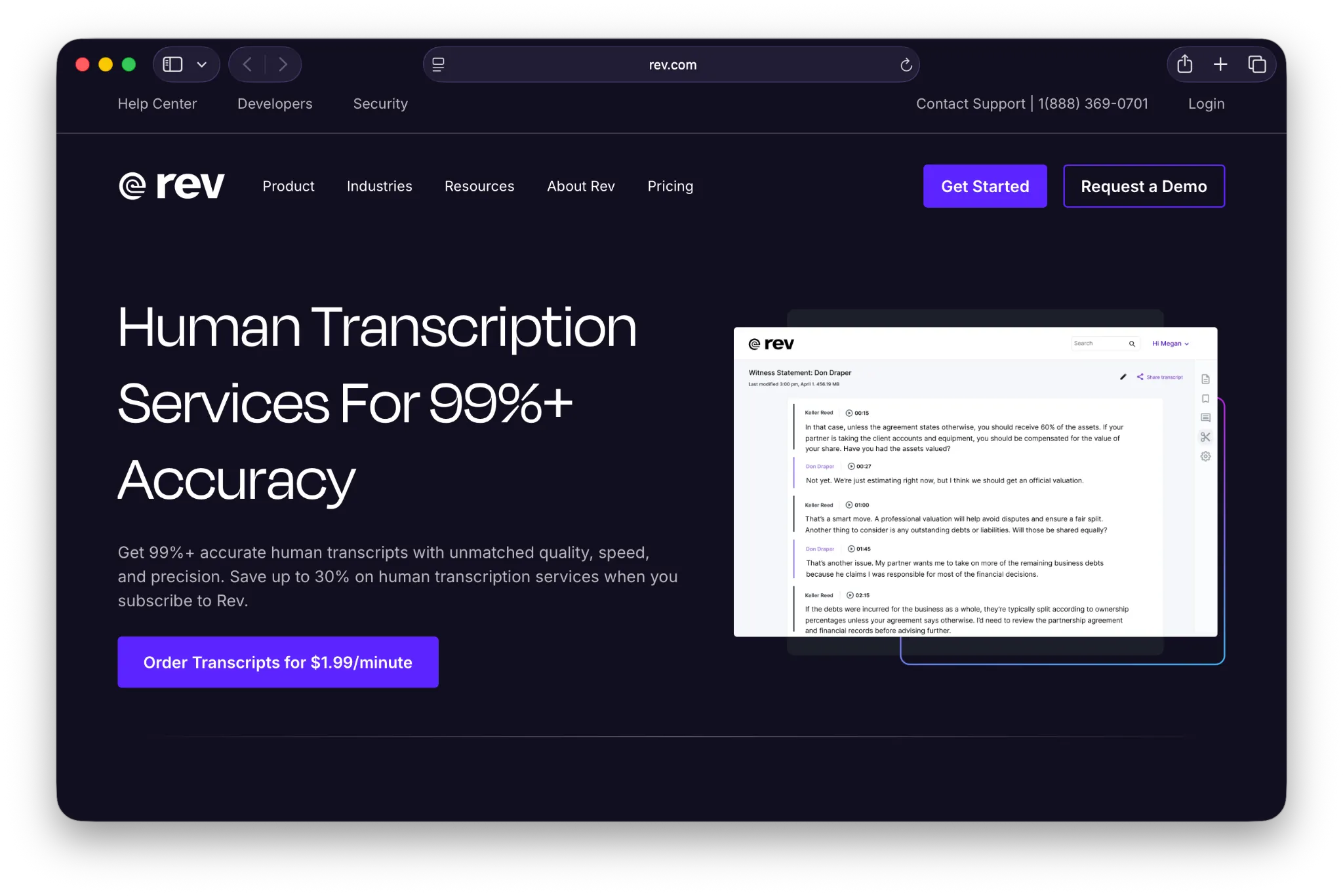 Rev human transcription landing page