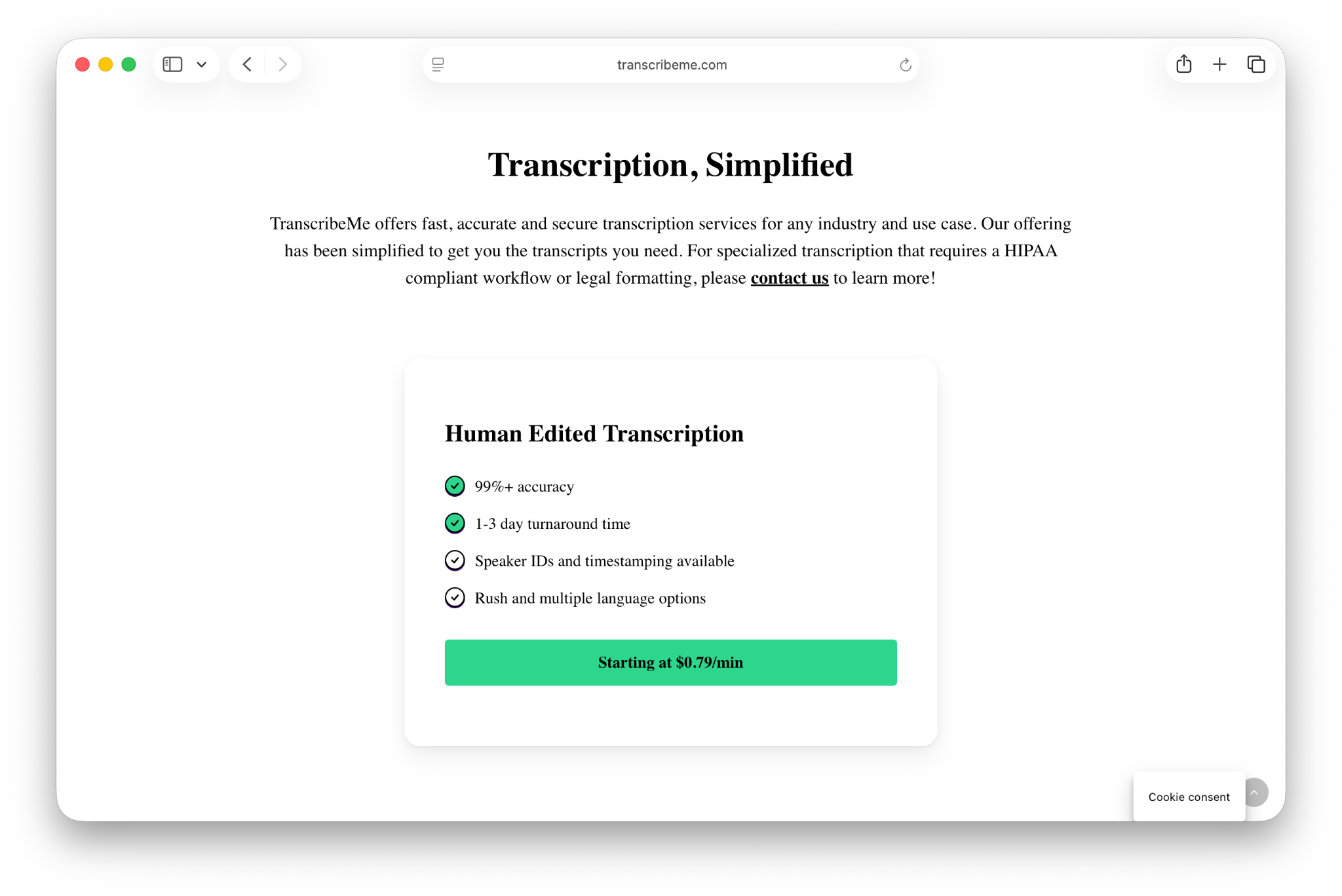 TranscribeMe human transcription landing page