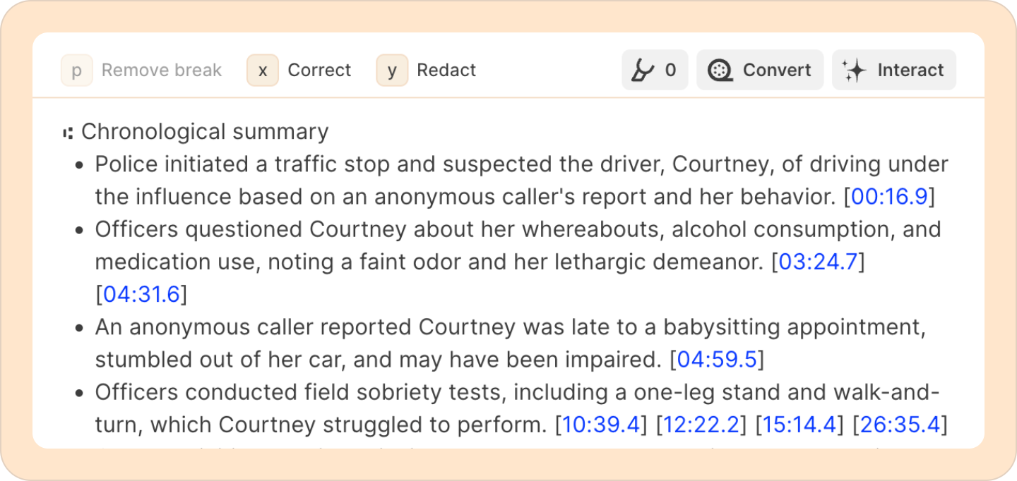 Summarize your bodycam footage by time