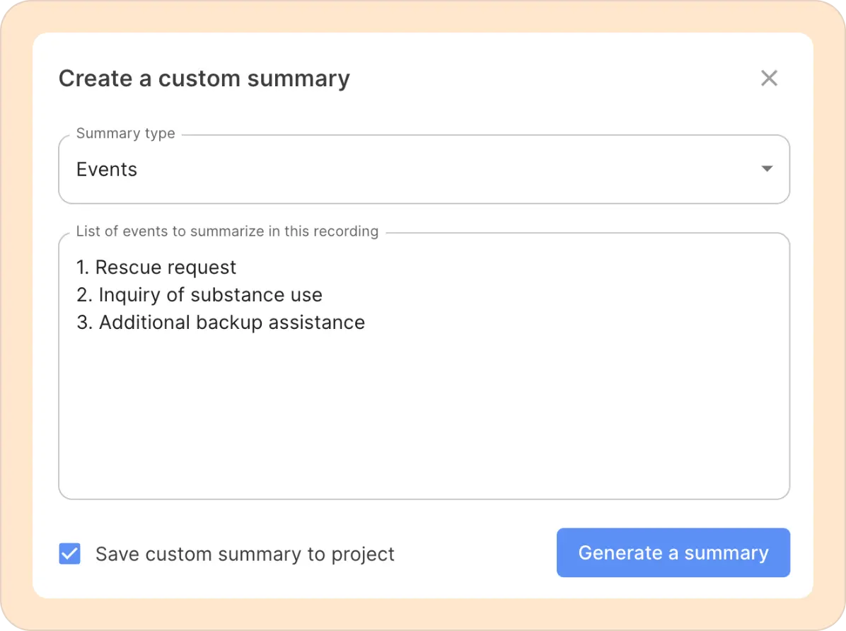 List of events to generate a custom summary