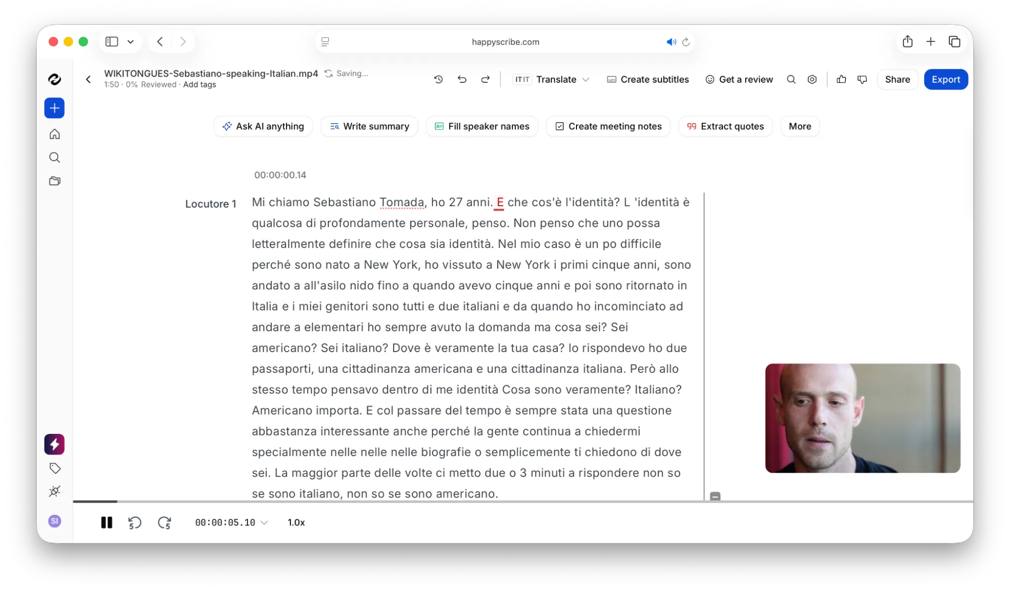 Happy Scribe italian transcription interface