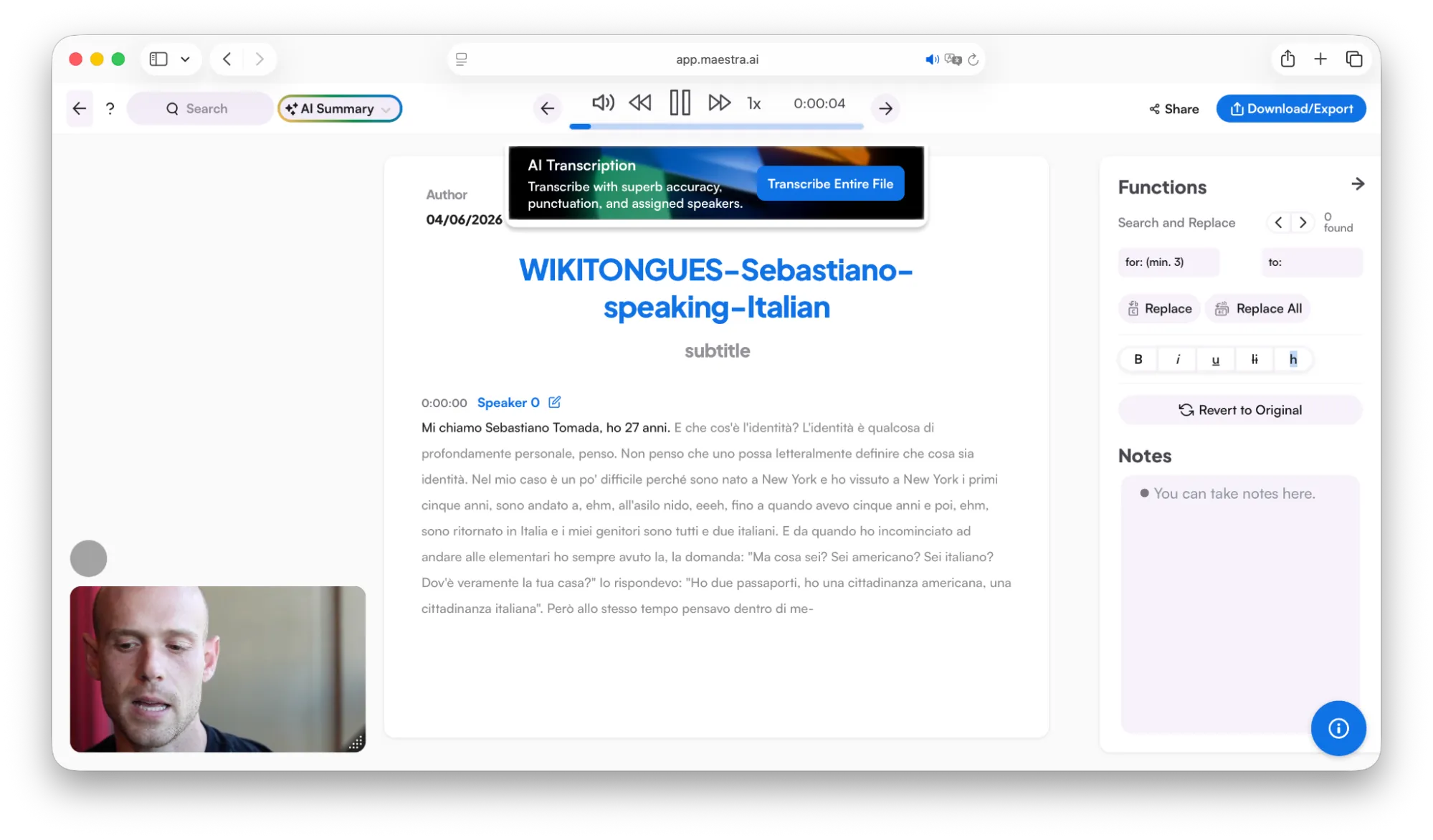 Maestra italian transcription interface