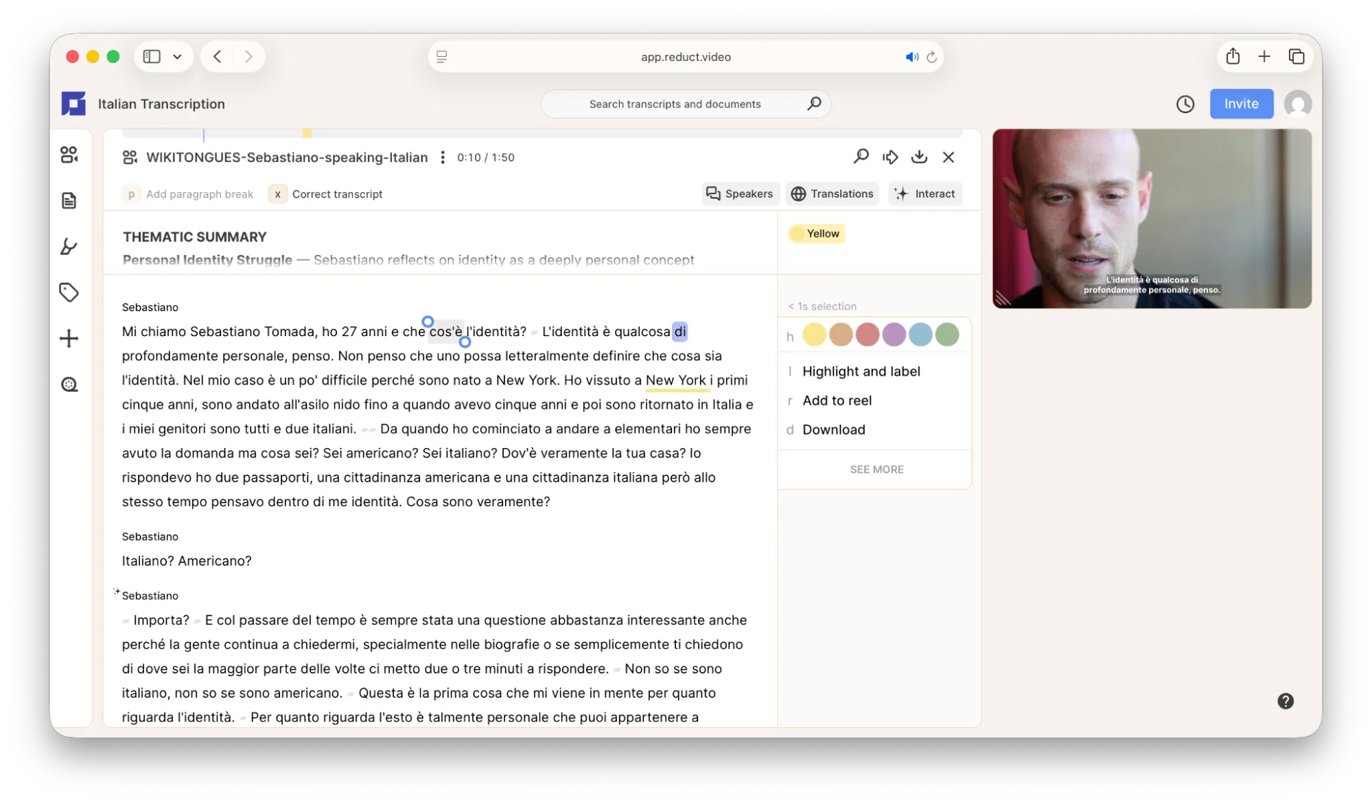 Reduct italian transcription interface
