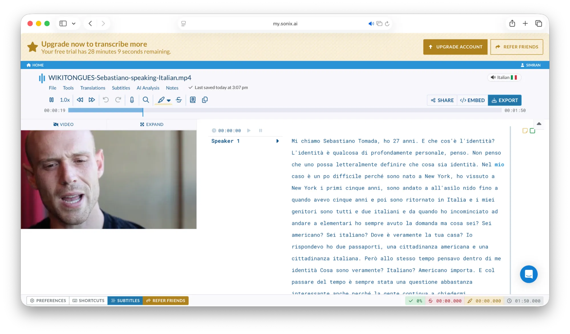 Sonix italian transcription interface