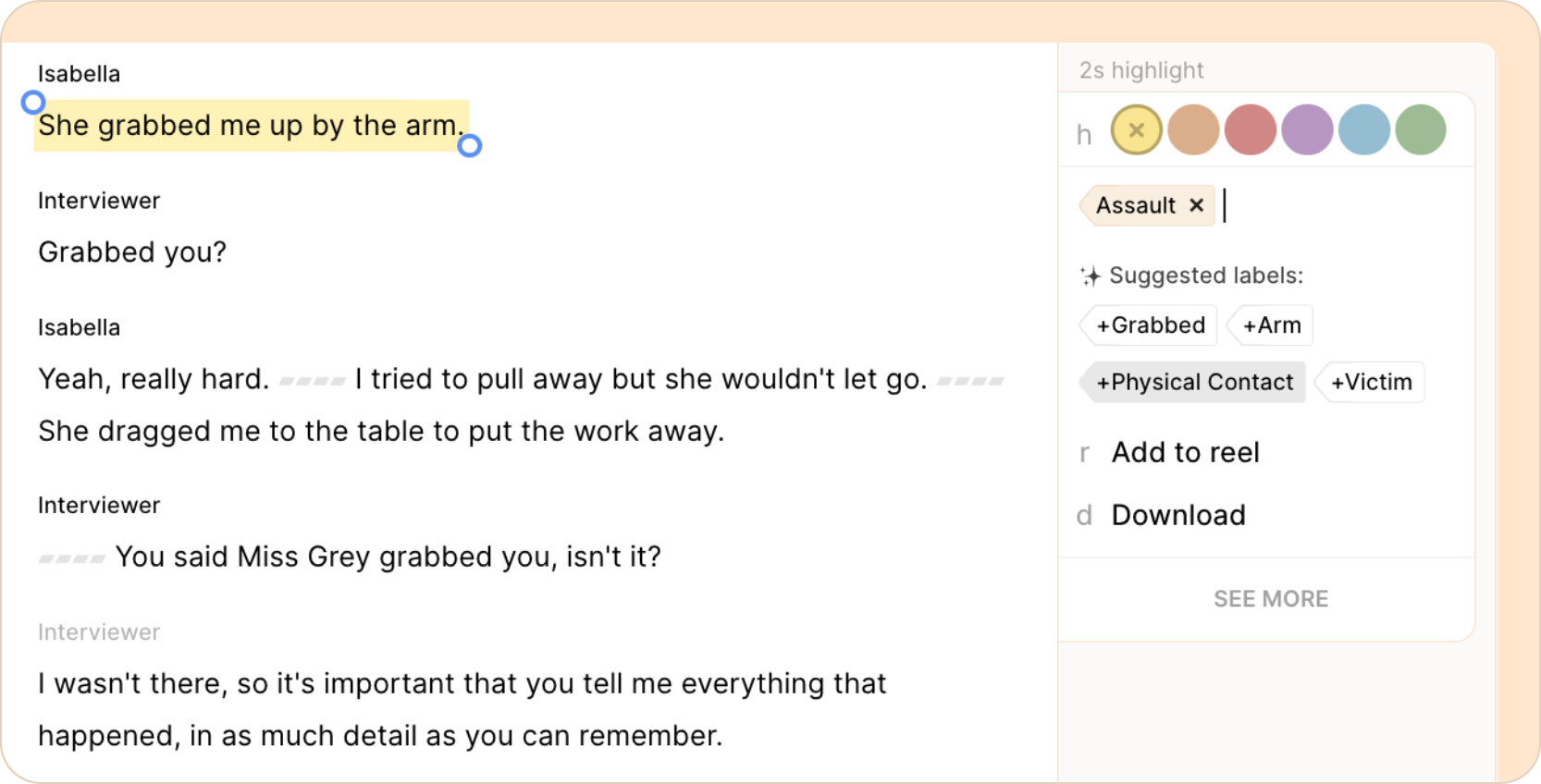 highlight to label the transcript in Reduct