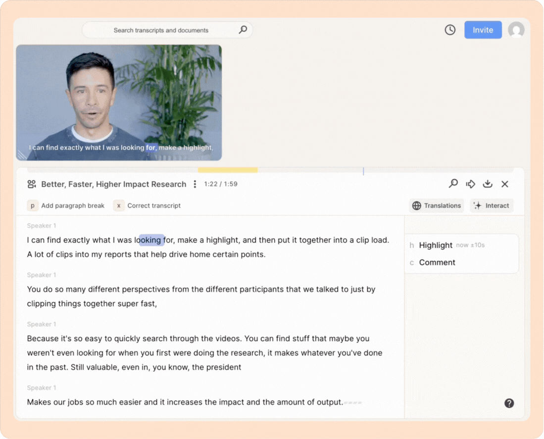 Clicking the text in the transcript to play the video in Reduct