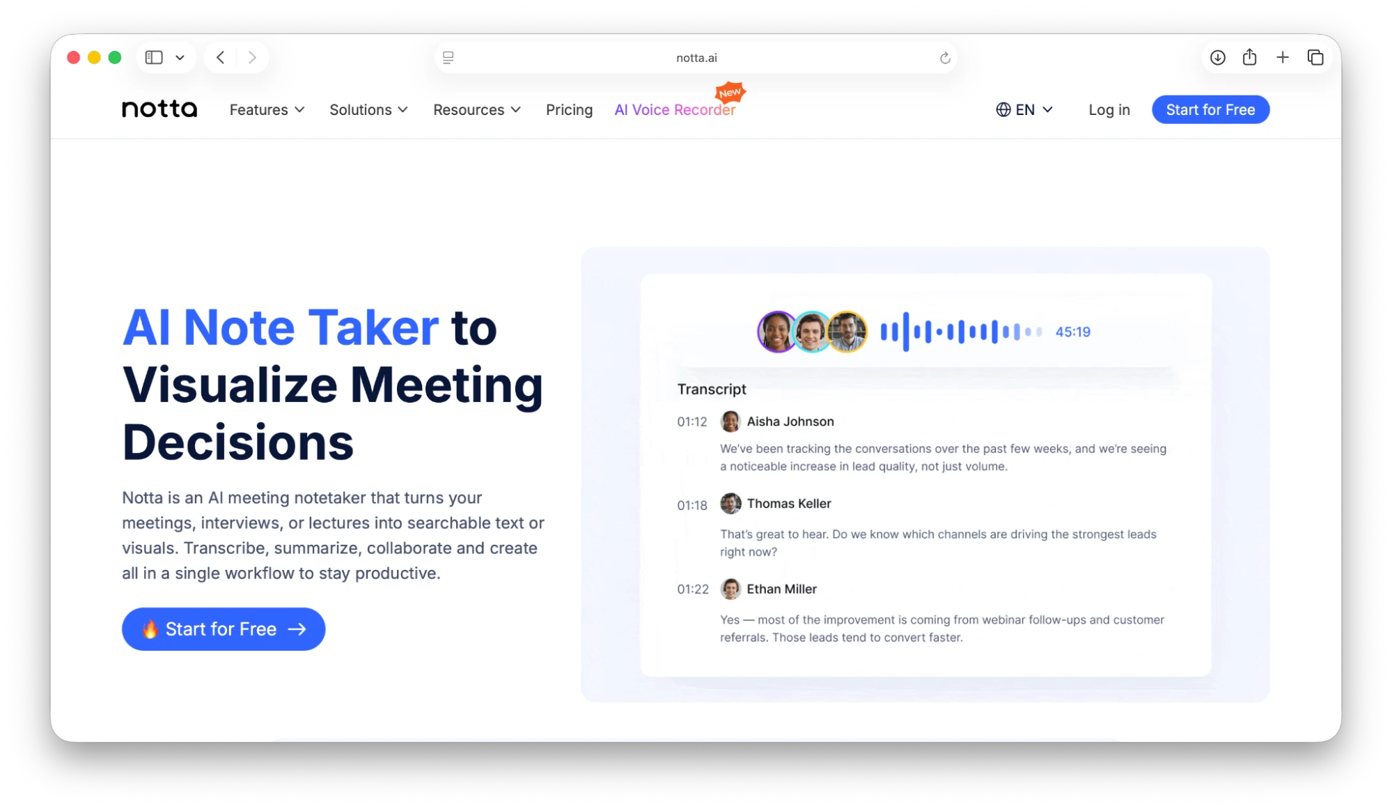 screenshot of Notta homepage.