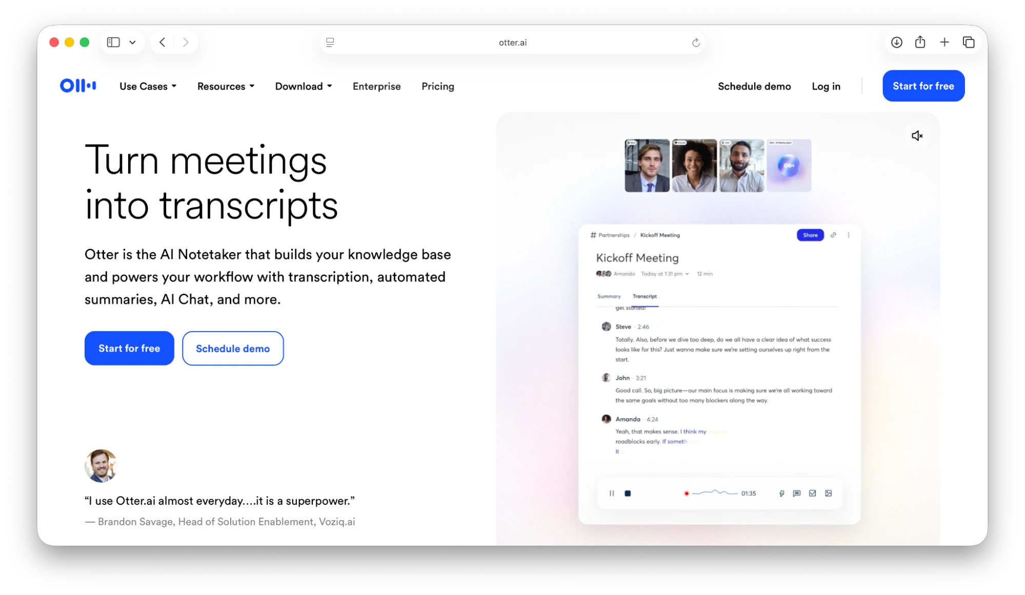 Screenshot of the Otter.ai Landing page