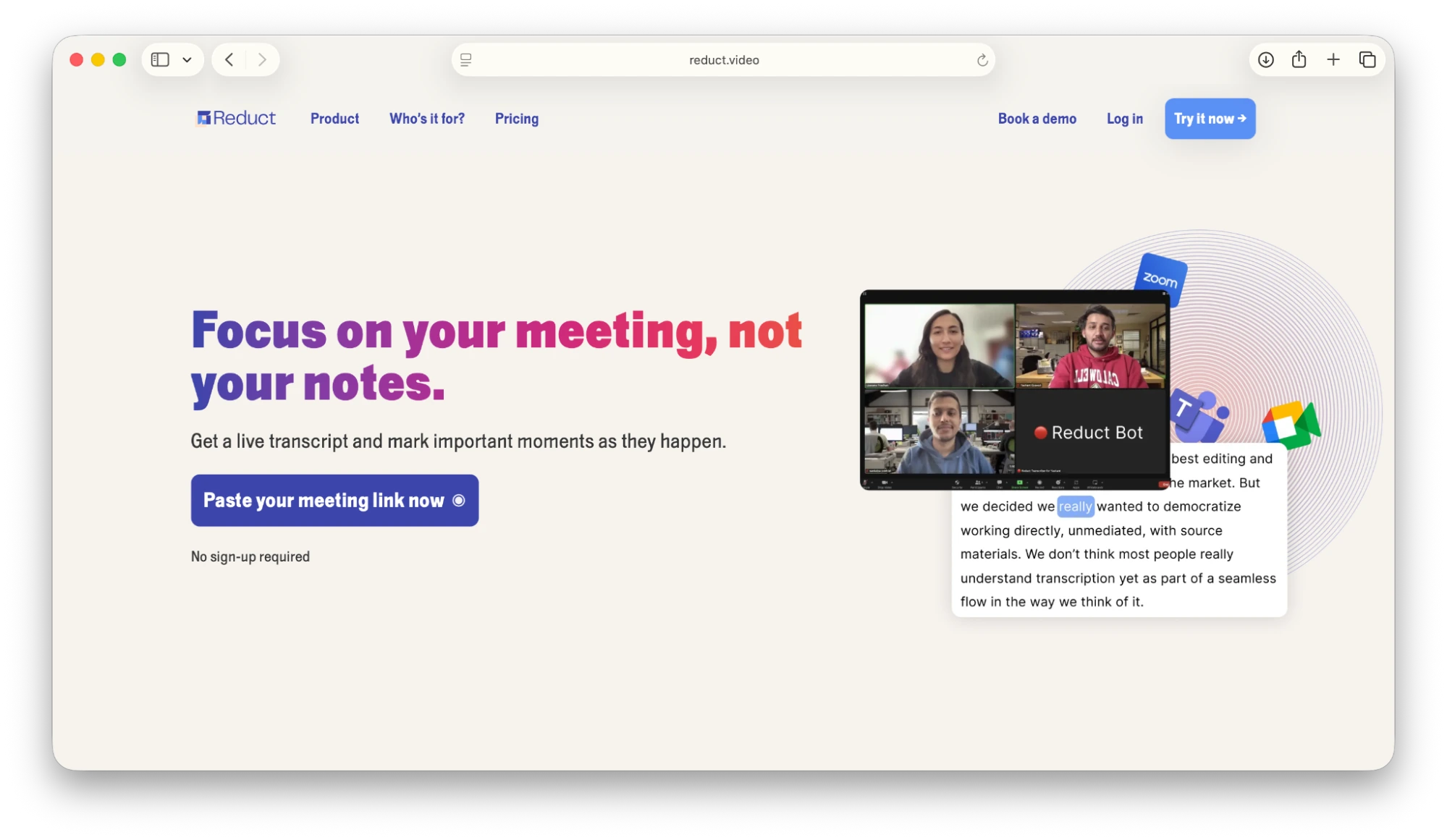 Screenshot of the Reduct Landing page