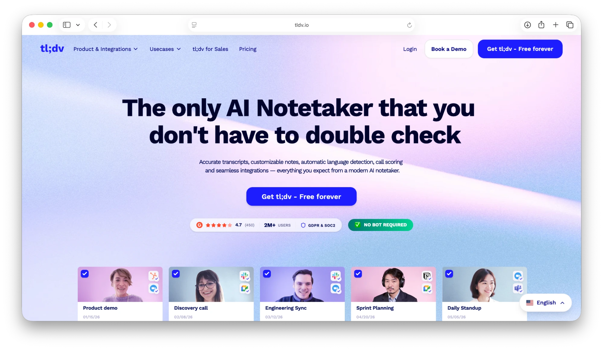 screenshot of landing page of TLDV