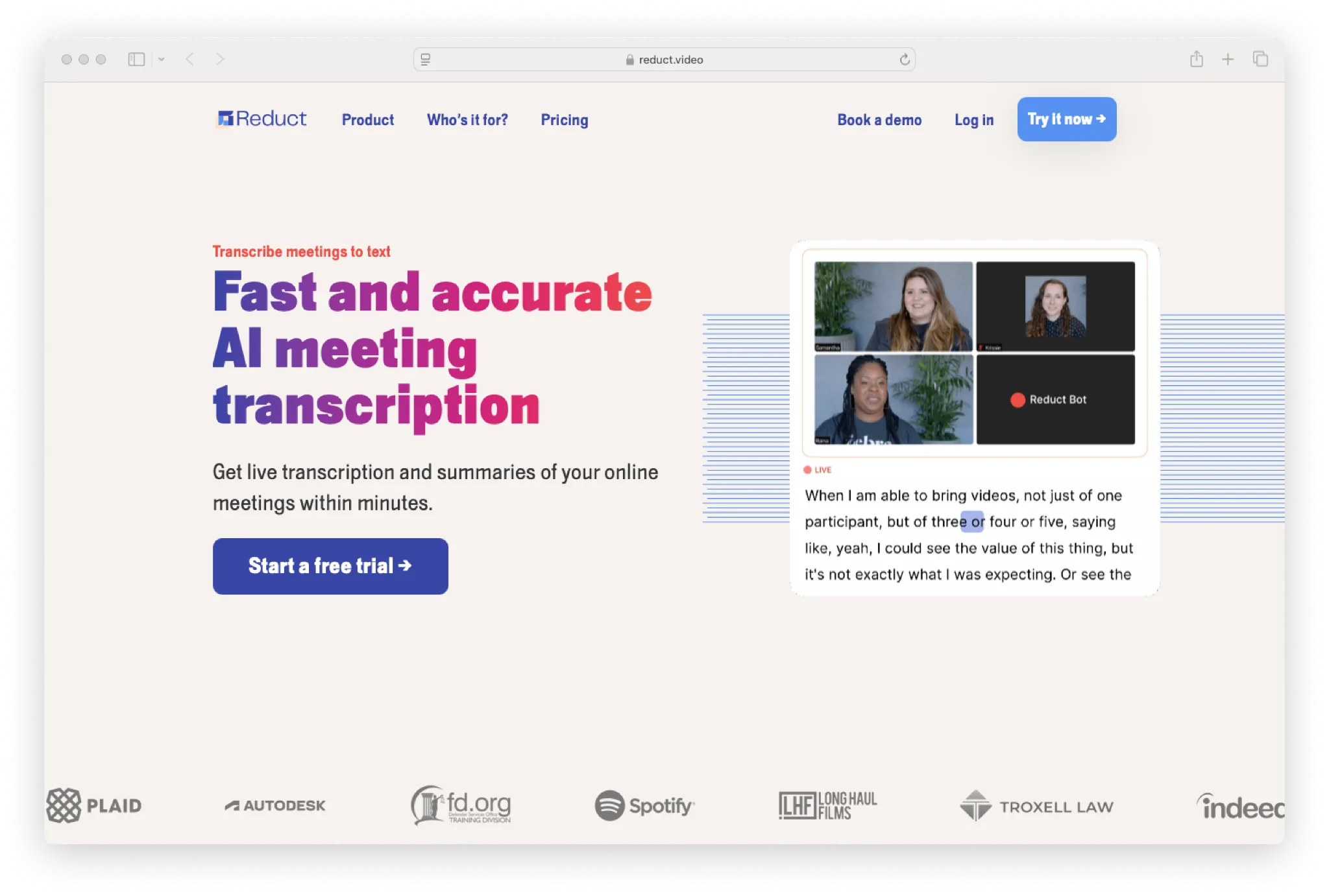 Screenshot of Reduct landing page