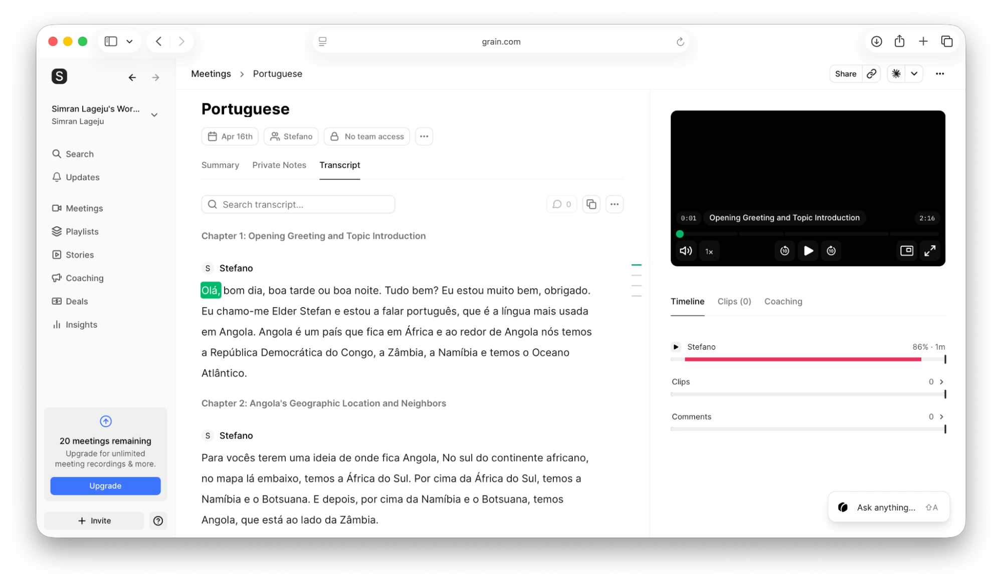 Grain transcript interface