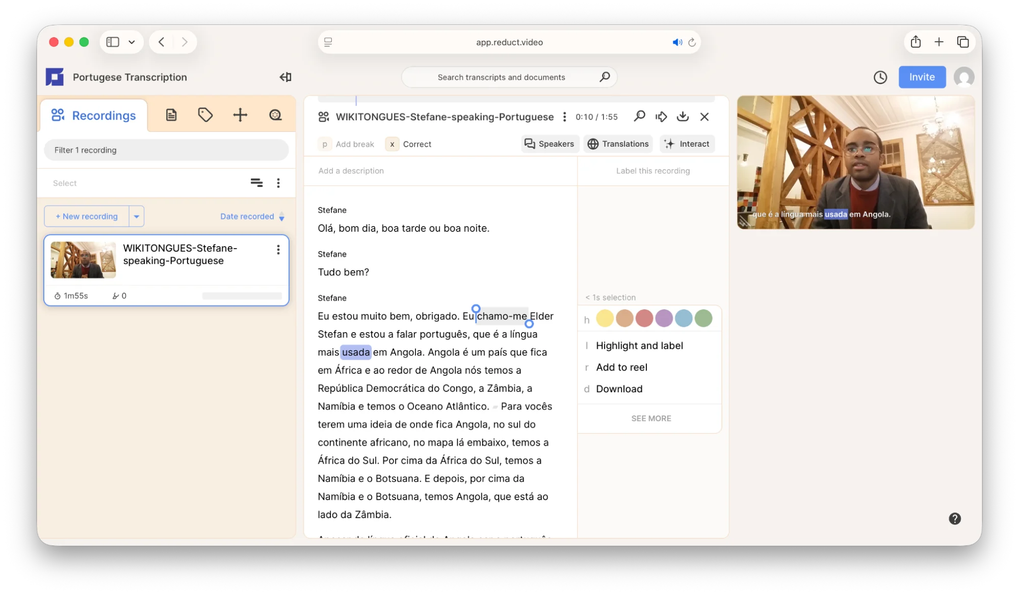 Reduct.Video transcript interface
