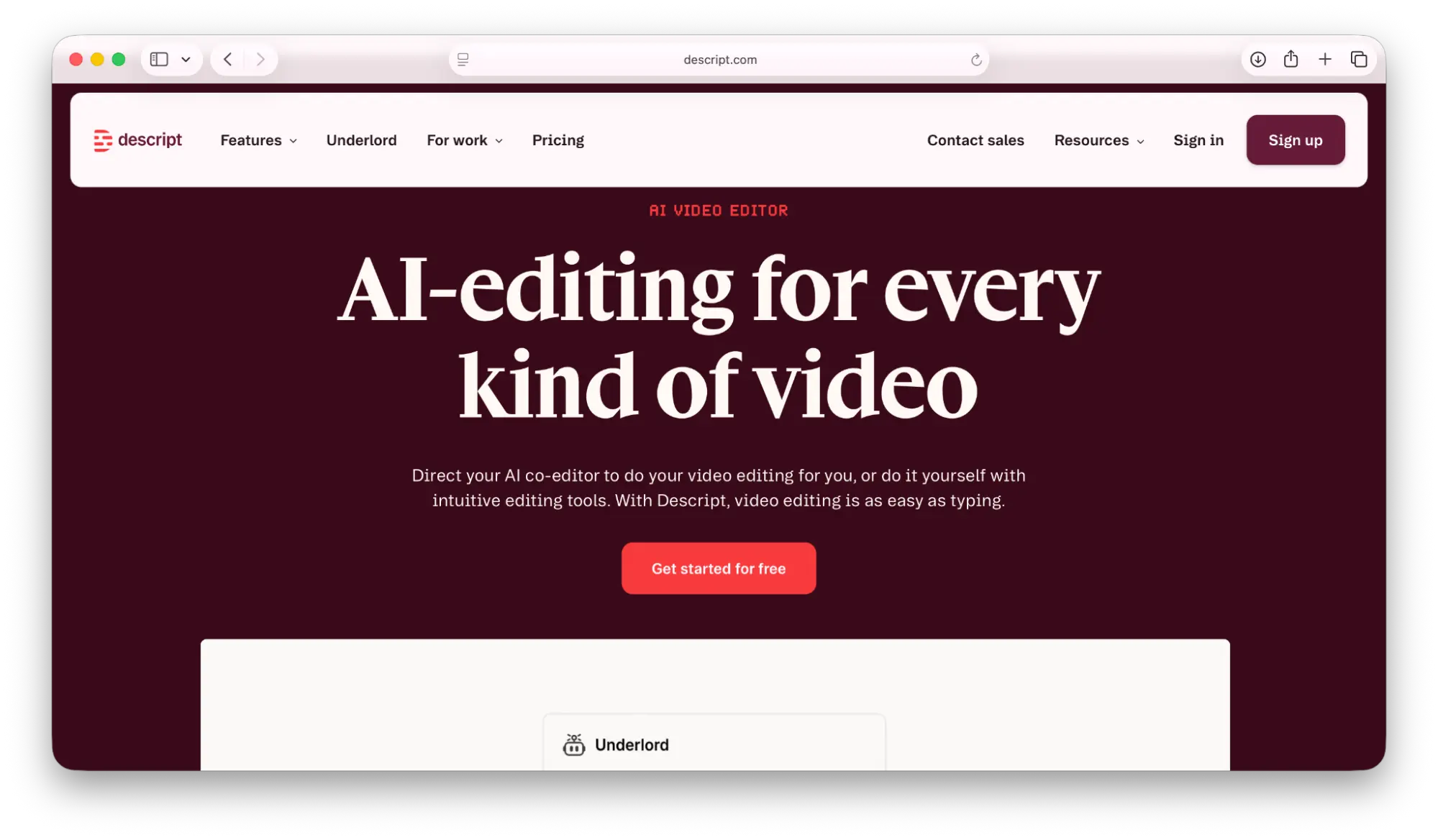 Screenshot of Descript's landing page