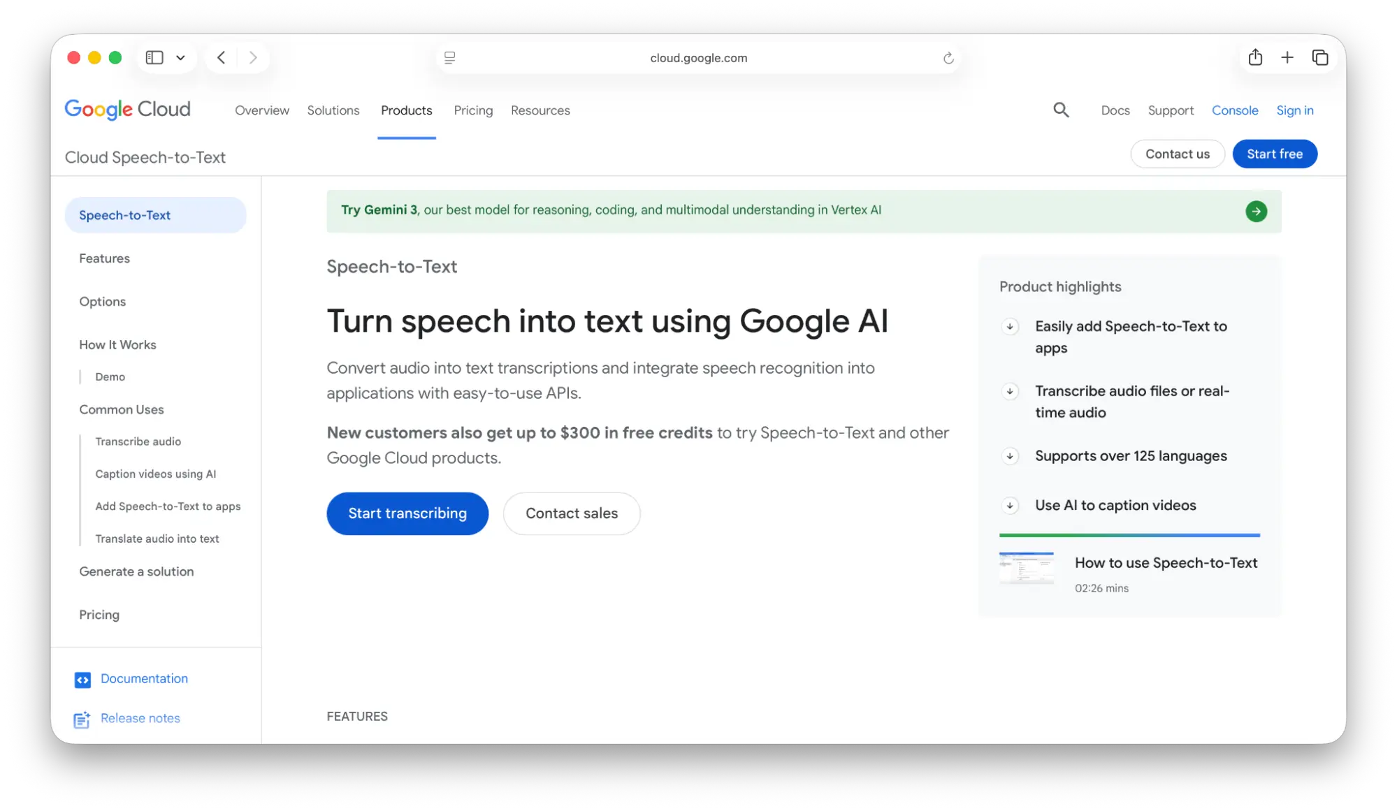 Screenshot of Google Cloud Speech-to-Text's landing page