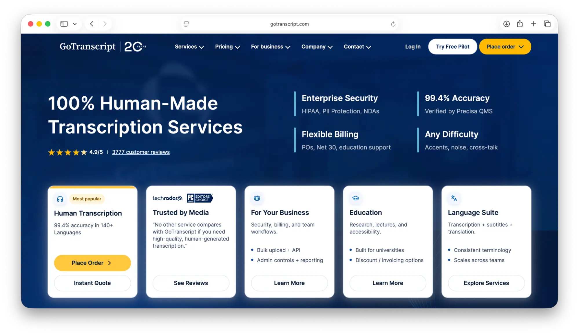 Screenshot of GoTranscript's landing page