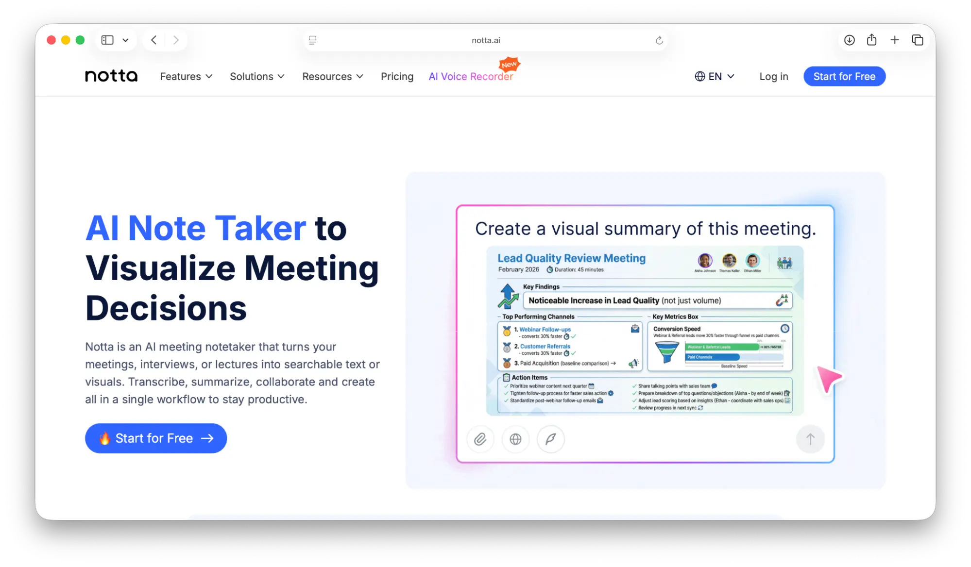Screenshot of Notta's landing page