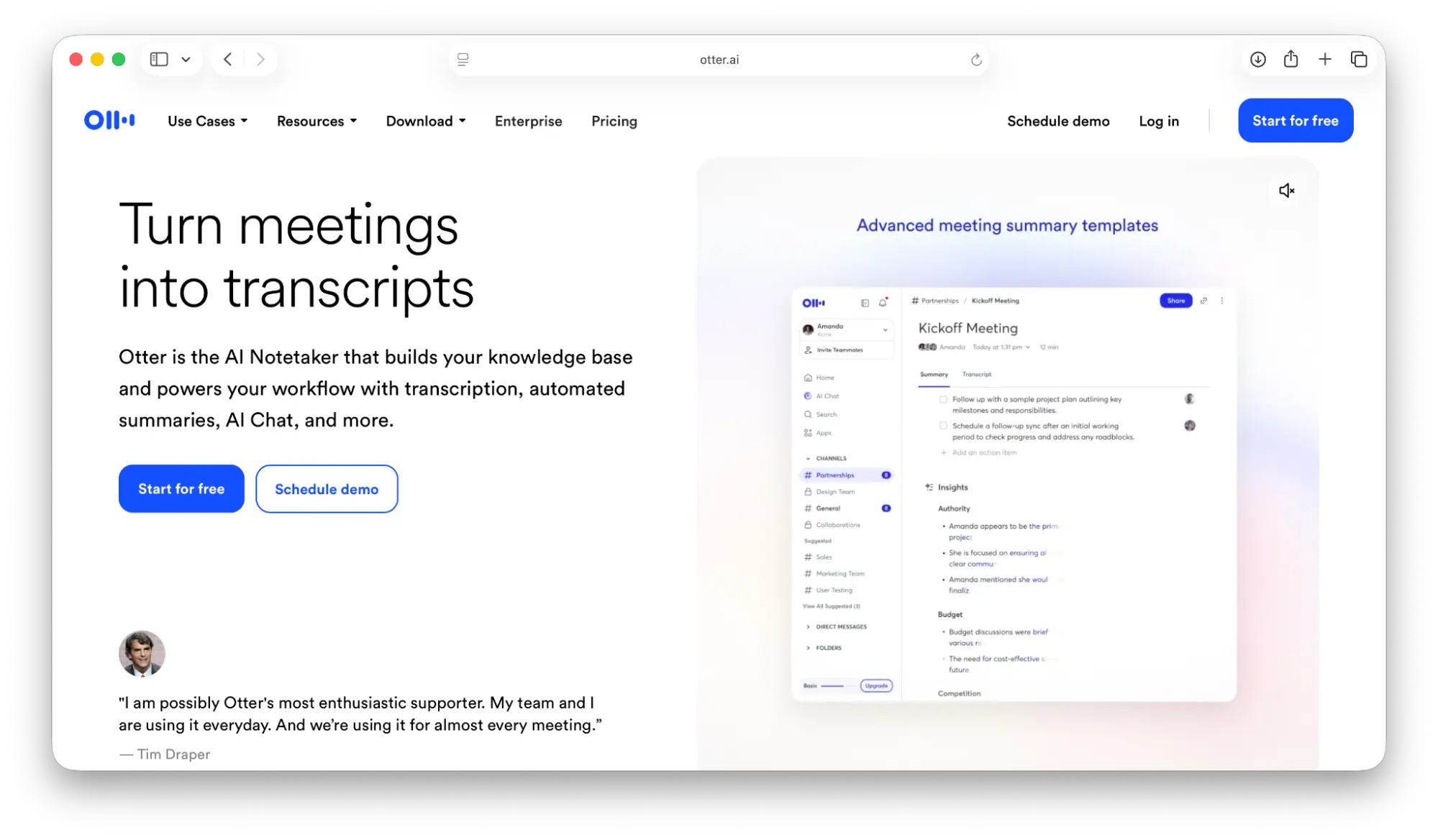 Screenshot of Otter's landing page