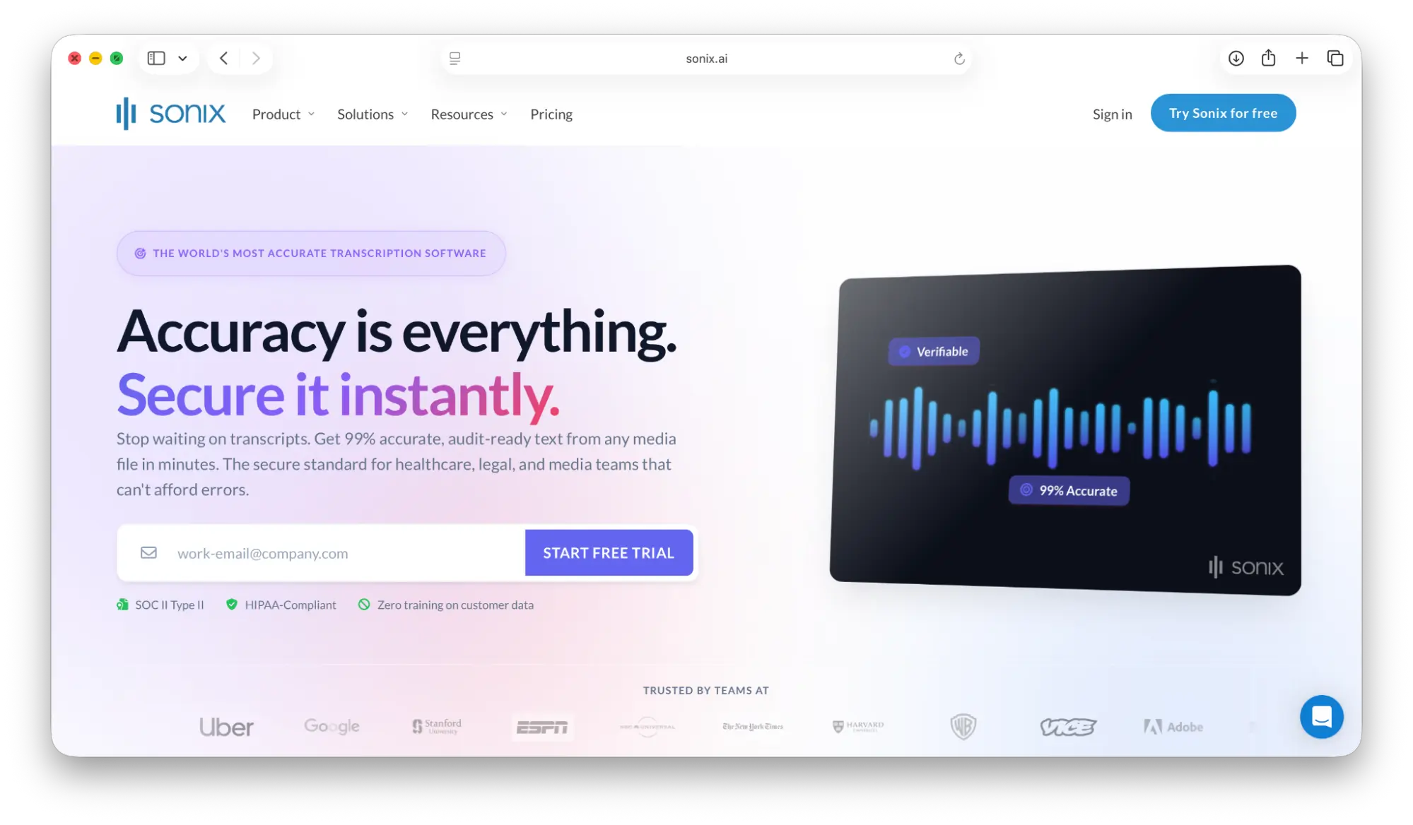 Screenshot of Sonix's landing page