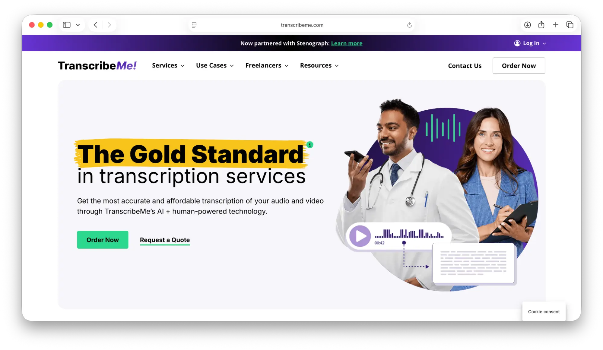Screenshot of TranscribeMe's landing page