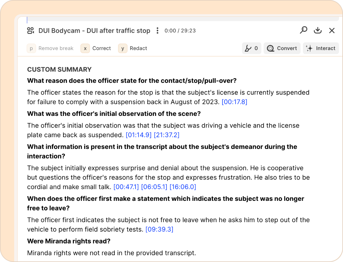 DUI bodycam custom summary template