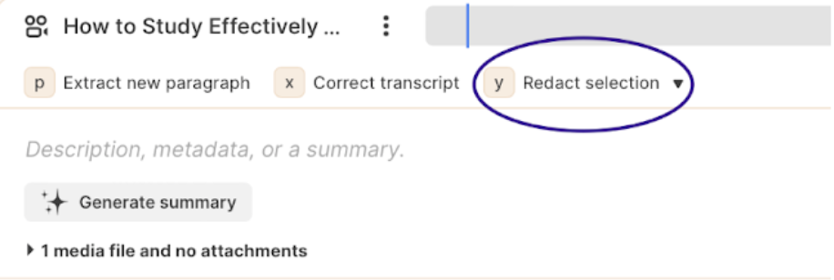 Snapshot highlighting Reduct's 'redact selection' button