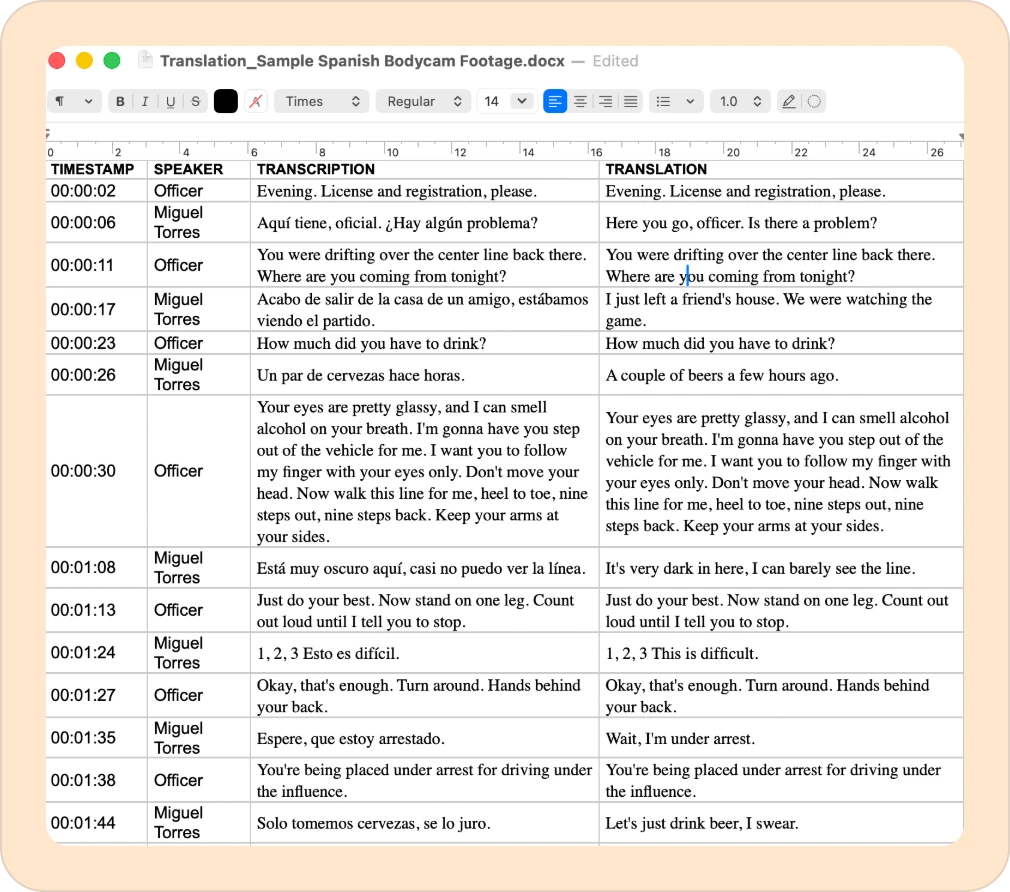 Exported document showing timestamp, speaker, transcription, and translation columns