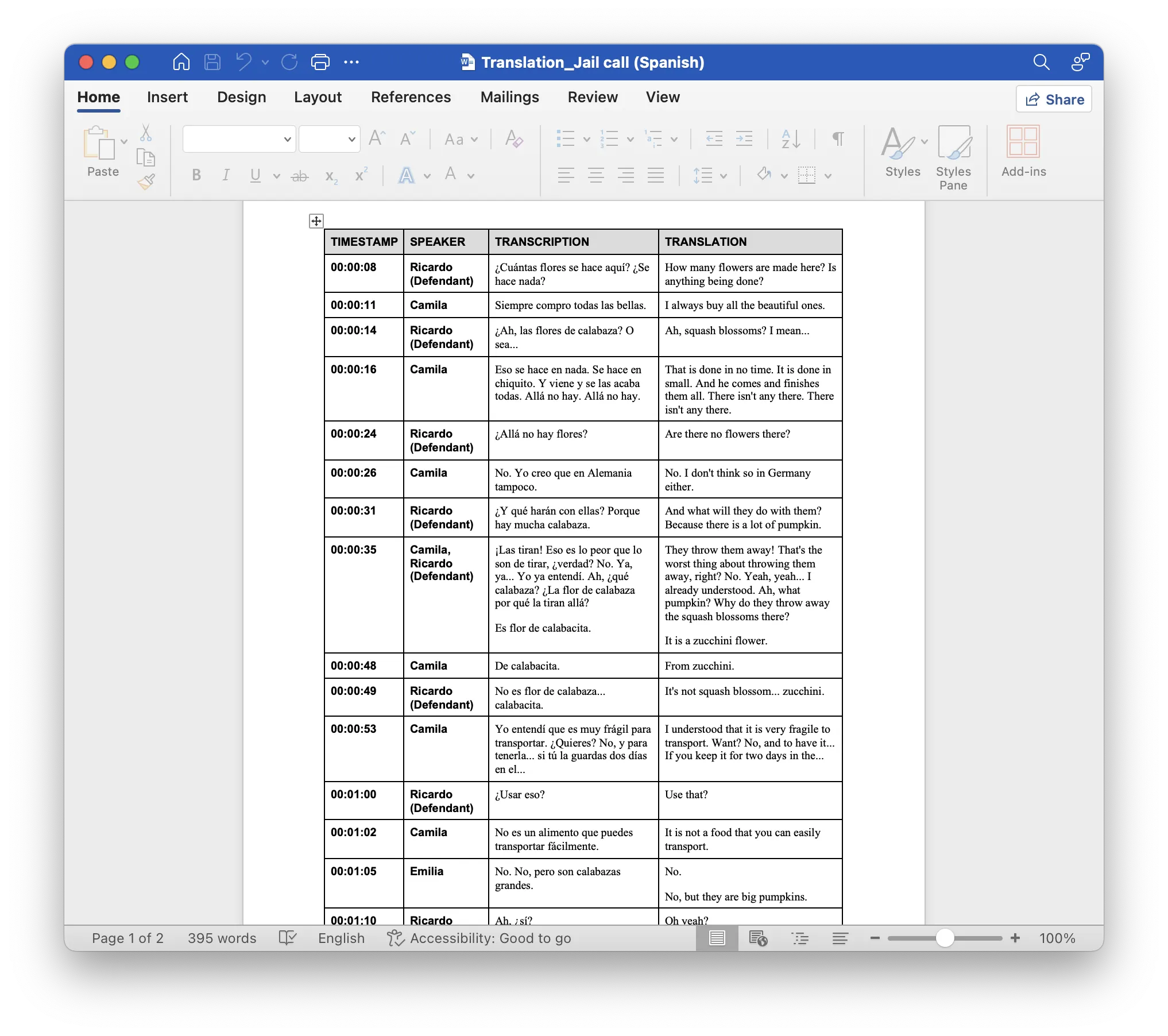 word export of side-by-side translation.