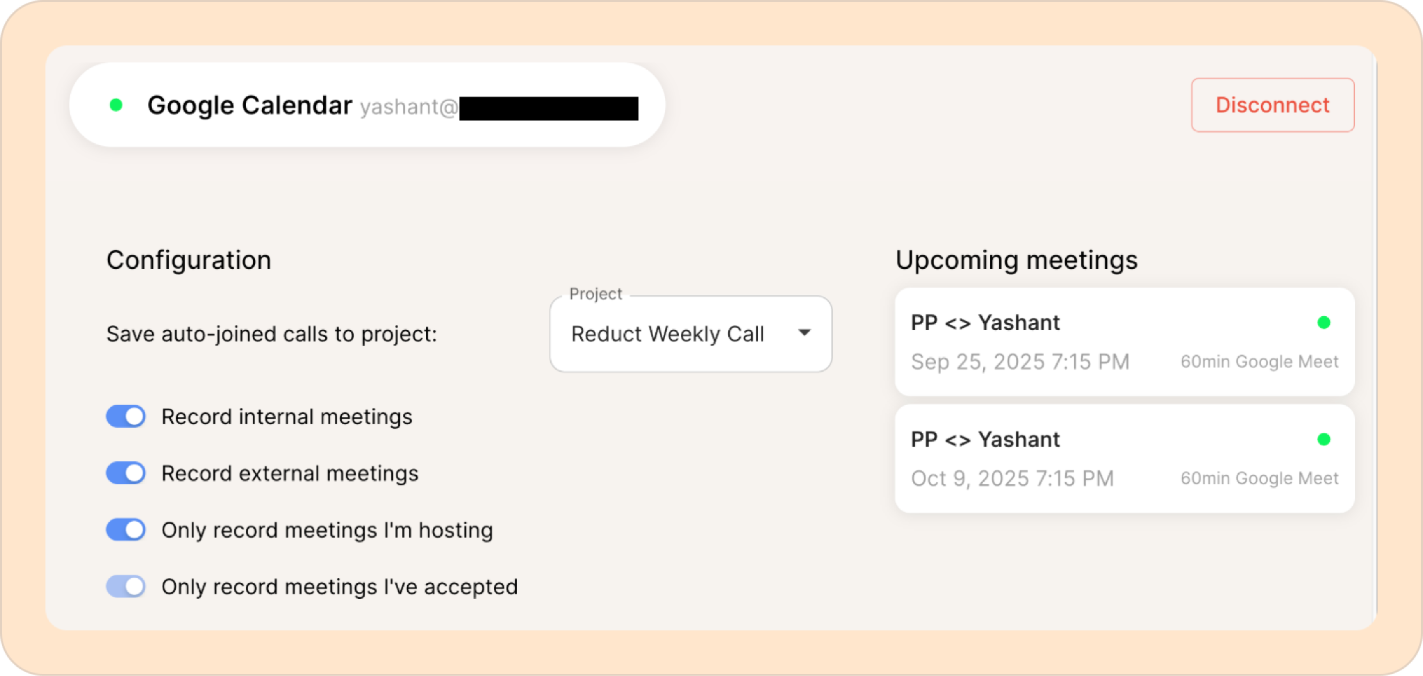 Reduct Google Calendar integration UI