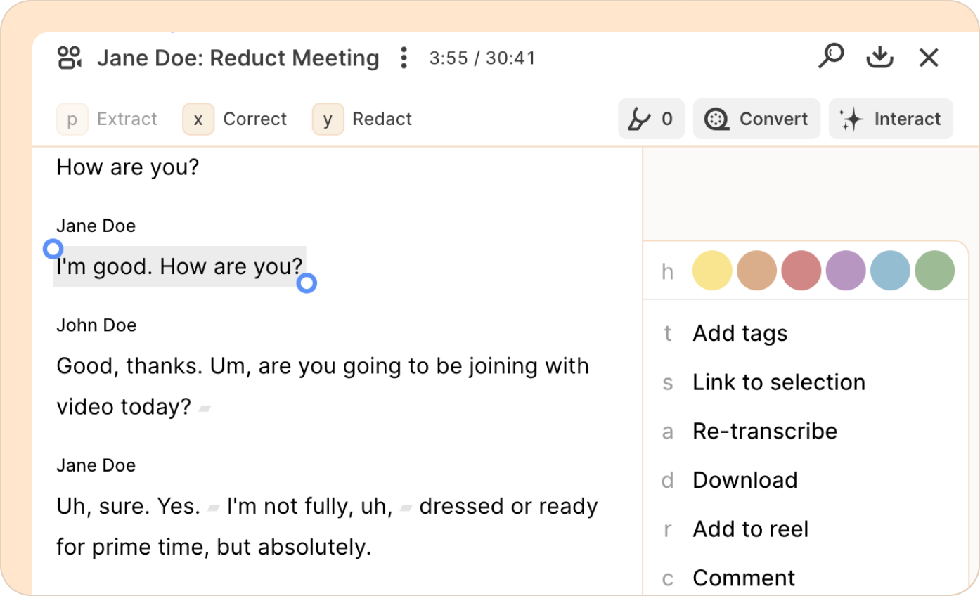 Reduct transcription UI