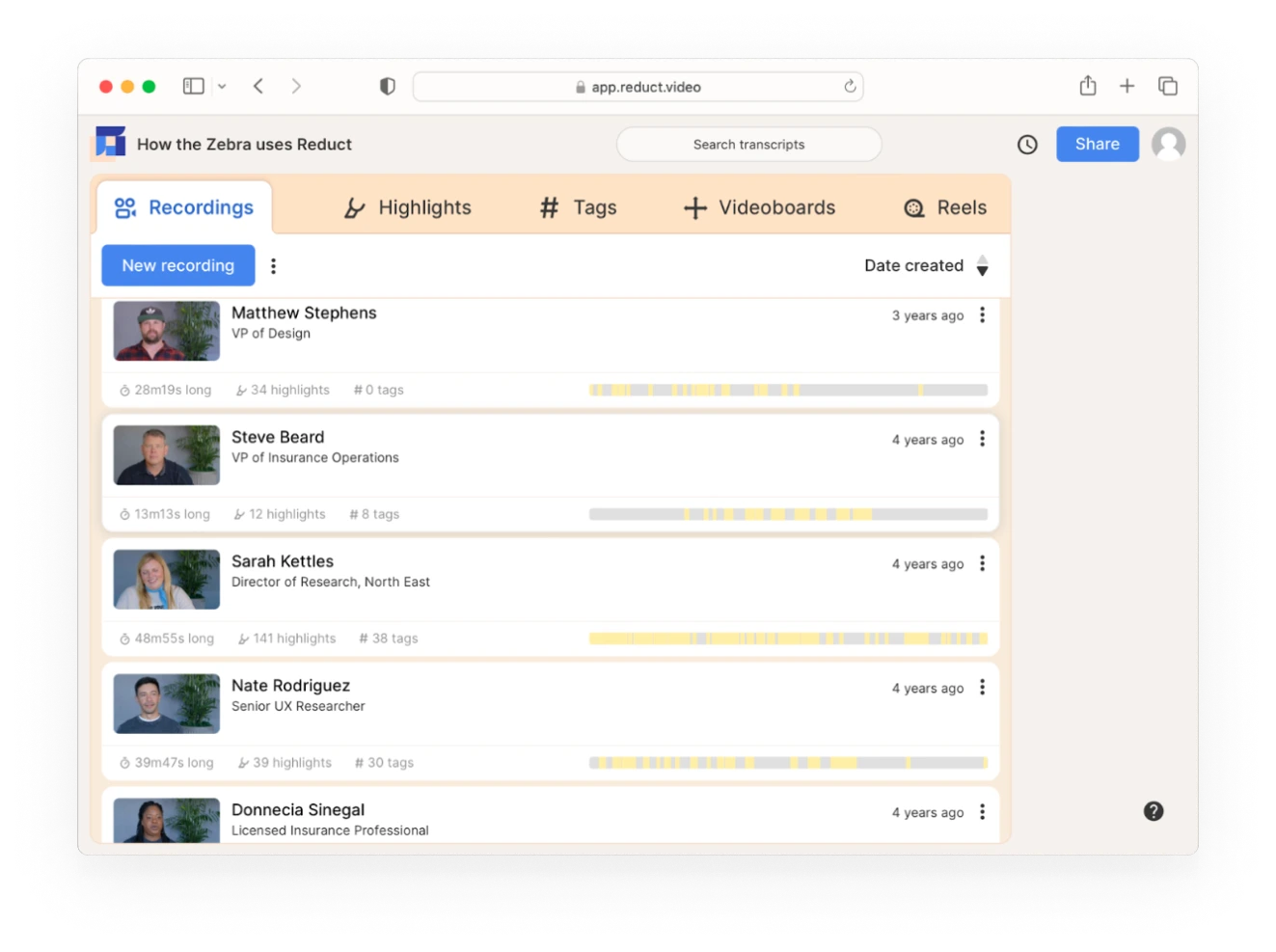 Reduct's project organization screen