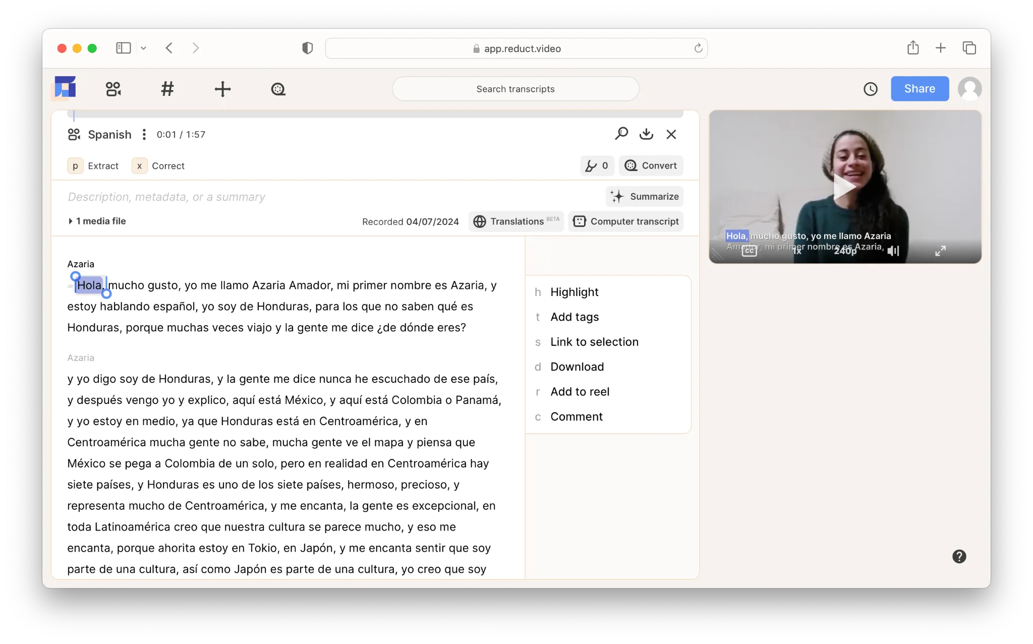 Screenshot of Reduct's Spanish Transcription Interface