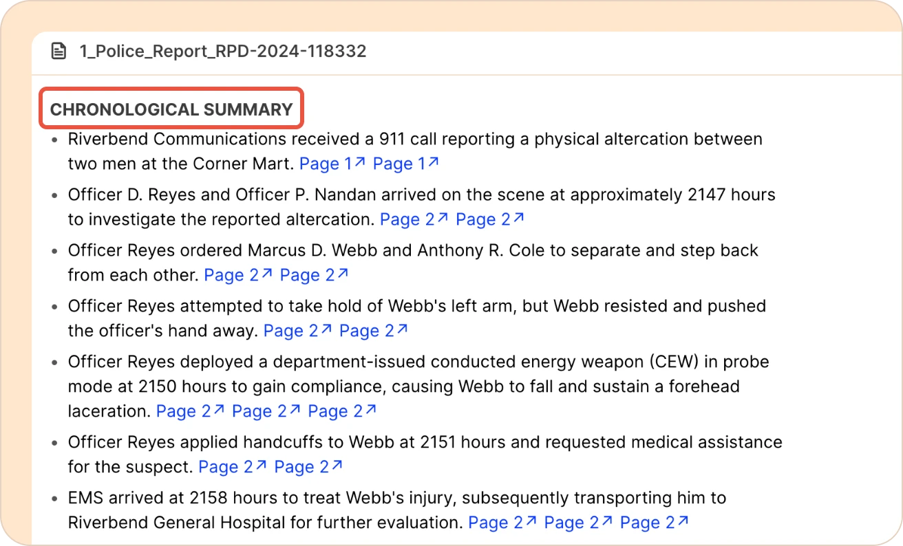 A chronological summary of a police report by time