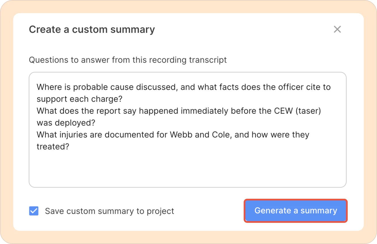 A custom summary answering specific questions about a police report