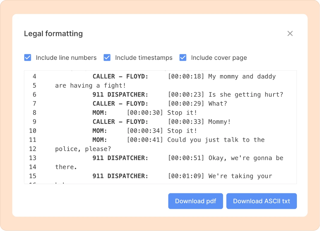 Screenshot showing Reduct's legal format transcript export options