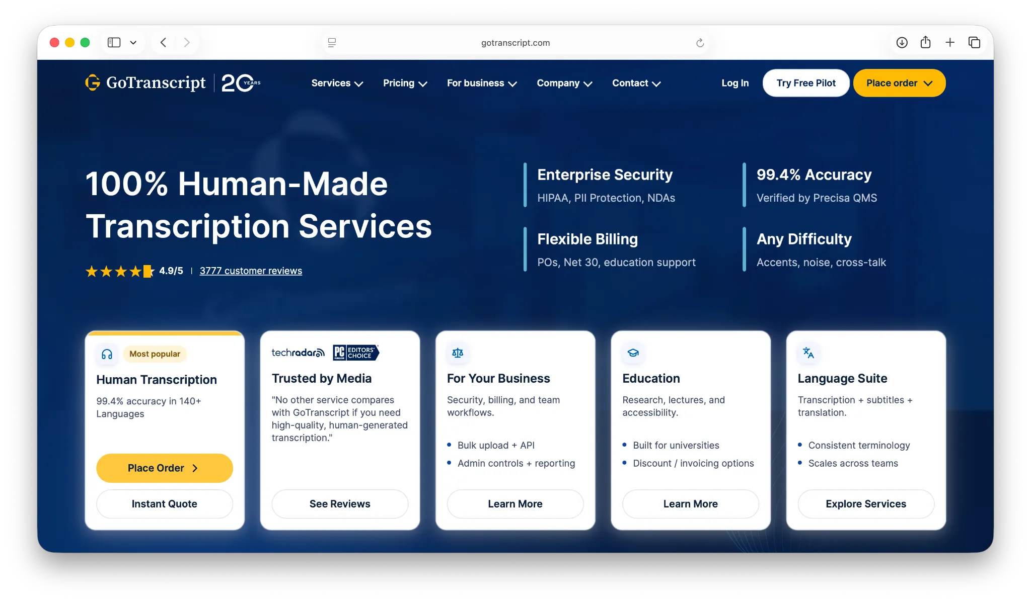 GoTranscript landing page