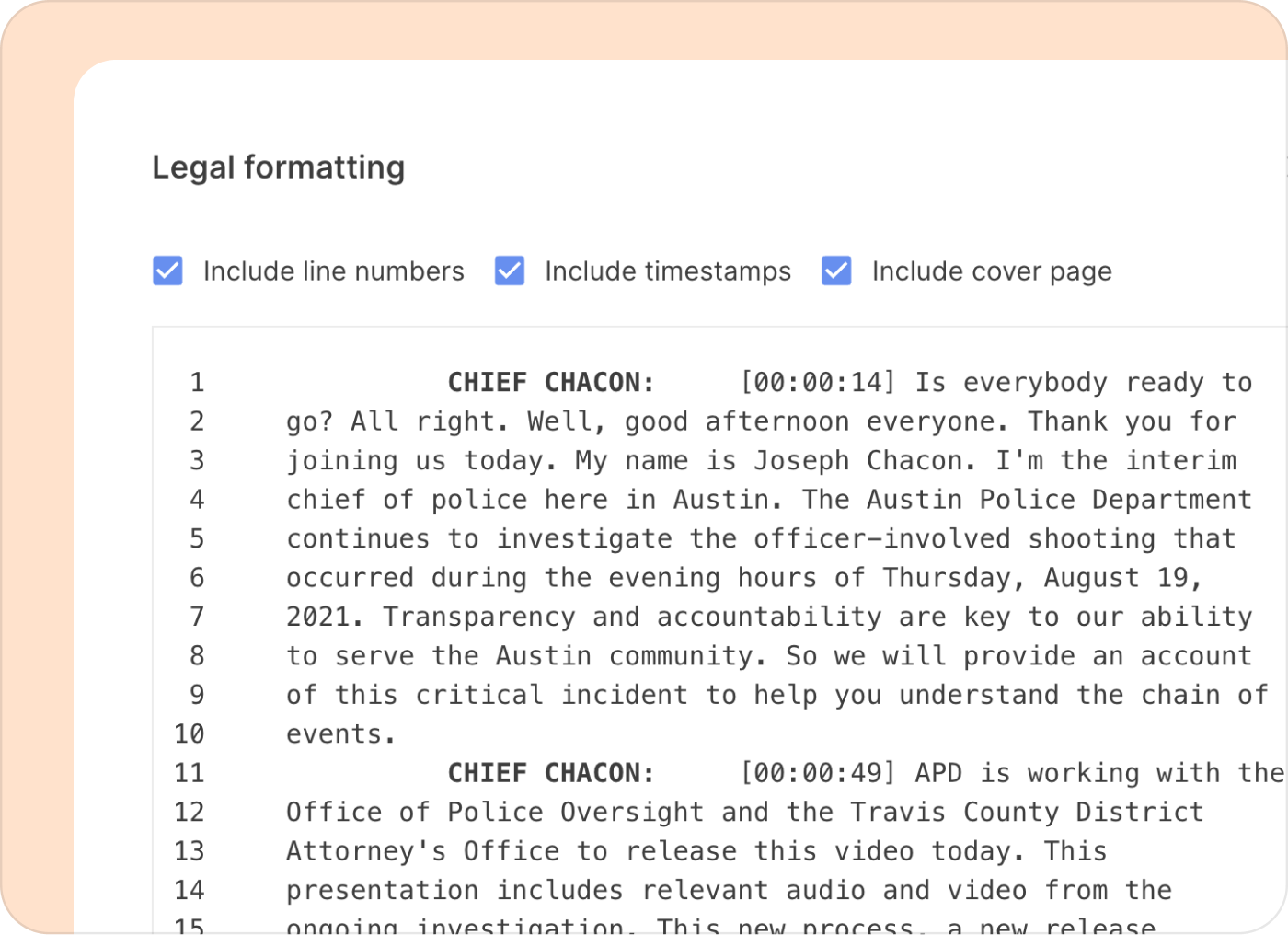 Reduct's legal formatted transcript.