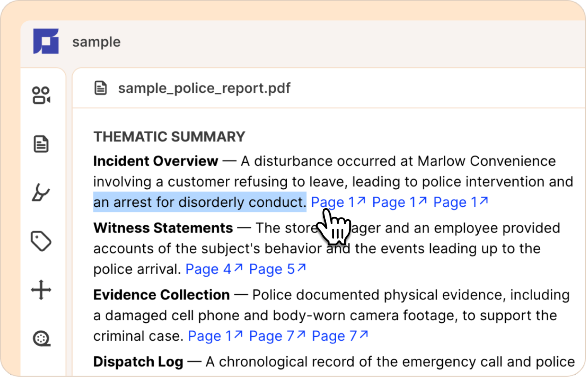 A clickable, timestamped summary of a police report in Reduct