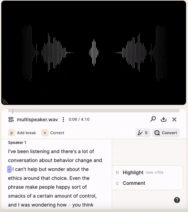 Gif of Reduct's transcript workflow