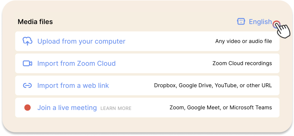 Screenshot of Reduct's language setting