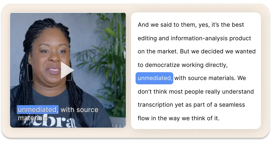 Screenshot of Reduct's AI generated transcripts that auto-sync with video