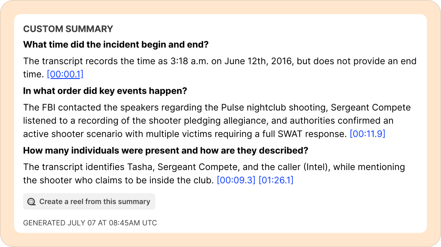Custom summary with clickable citations linking back to the source document